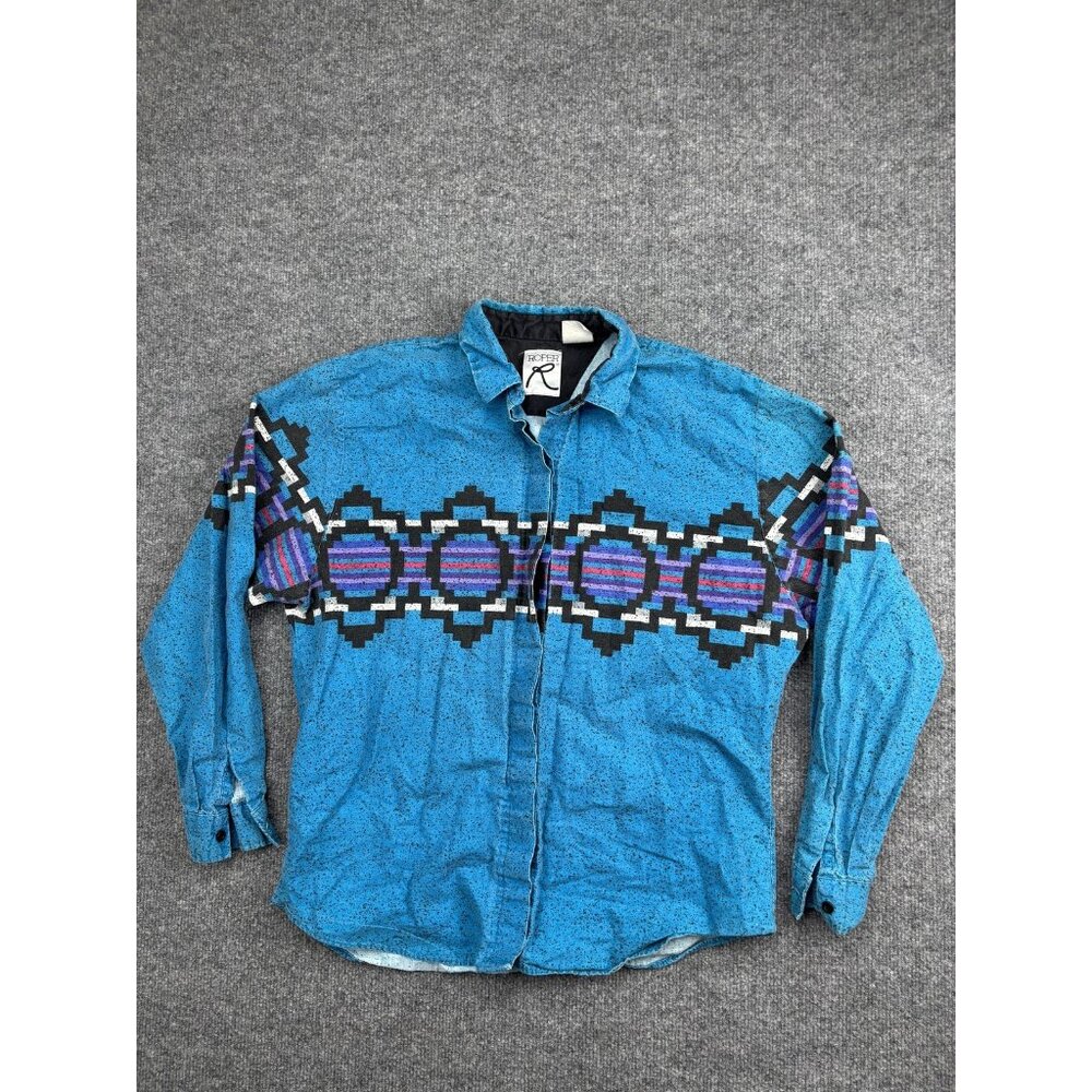 Vintage Roper Shirt Mens Large Blue Aztec Southwestern Long Sleeve Made USA 90s